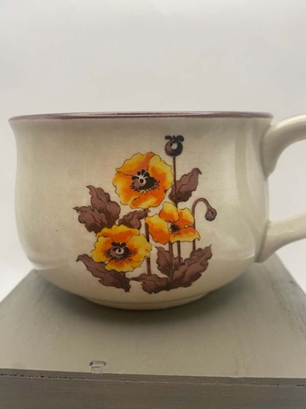 Vintage Made in Japan Poppy Floral Ceramic Mug Cup Brown Rim Cottagecore Decor